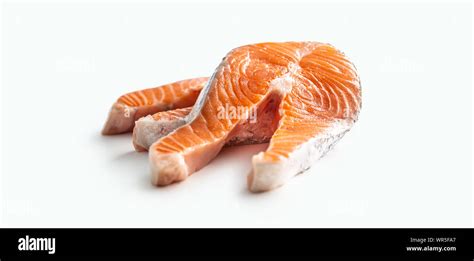 Salmon Raw Steaks Isolated On White Background Stock Photo Alamy