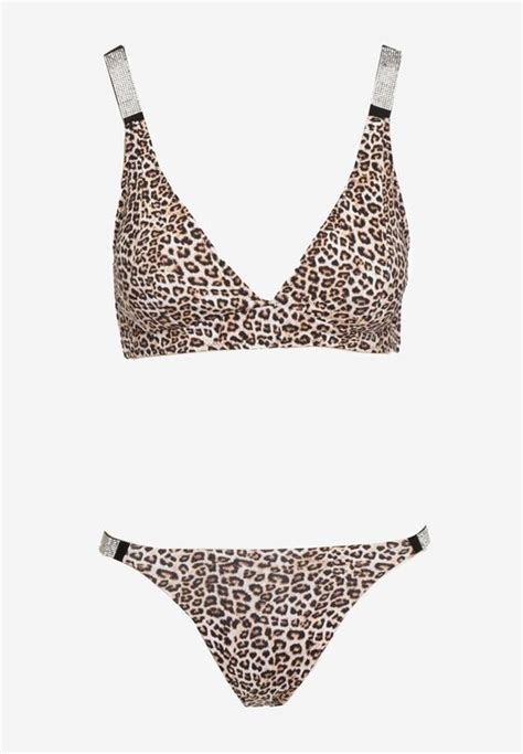 Br Zowe Bikini W Panterkowy Wz R Biustonosz Na Szerokich Rami Czkach Majtki Figi Ozdobiony