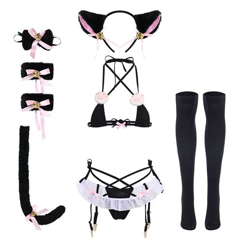 Abafip Women S Cute Anime Kawaii Cat Kitten Cosplay Strappy Lingerie Halter Micro Bikini Bra