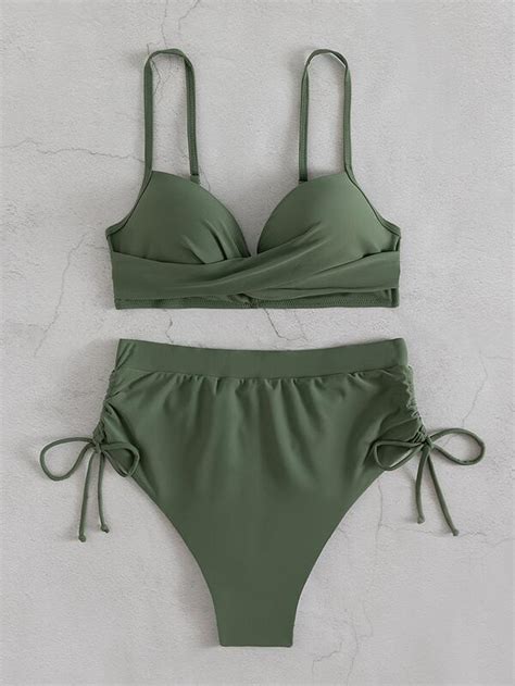 Shein Swim Basics Plissettato Set Bikini Reggiseno Push Up Scrunch Butt Bottom Vita Alta