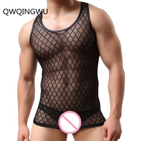 Fashion Sexy Mens Undershirts Singlet Plaid Transparent Mesh O Neck Shirts Gay Male Exotic