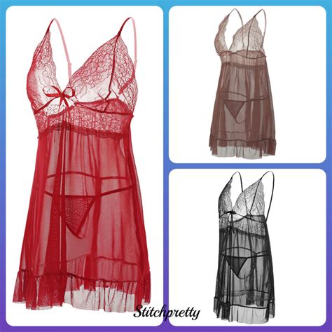 Ready Stock Malaysia Women Lingerie Transparent Lace Singlet Nightdress With 3 Colour