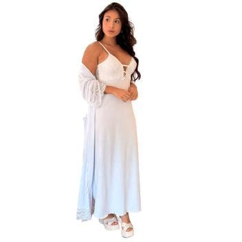 Camisola Longa Robe Em Microfibra E Renda Lingerie Noiva Lua De Mel
