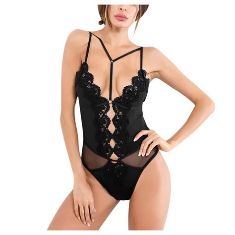 Femmes Sexy Lingerie Bretelles Minces Épissage Combinaisons En Dentelle À Col En V l27251 Noir