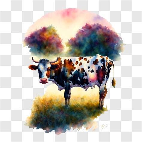 Descarga Hermosa Pintura Al Agua De Una Vaca En Un Entorno Natural Png