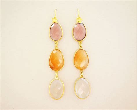 Edelstein Ohrringe Gold Amethyst Chalcedon Lange Statement Ohrringe