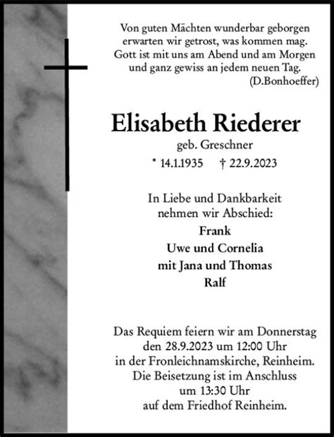 Traueranzeigen Von Elisabeth Riederer Vrm Trauer De