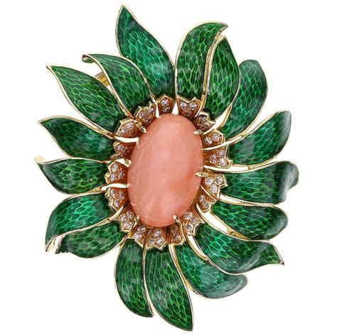 Van Cleef And Arpels Enamel Coral Diamond Flower Pendant Brooch For