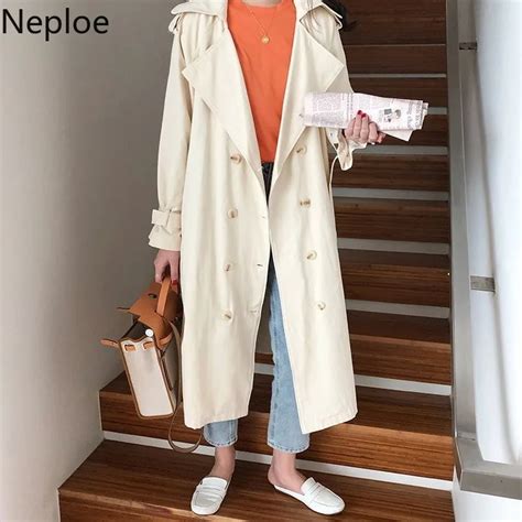 Neploe Turn Down Collar de manga larga de doble pecho diseño Trench