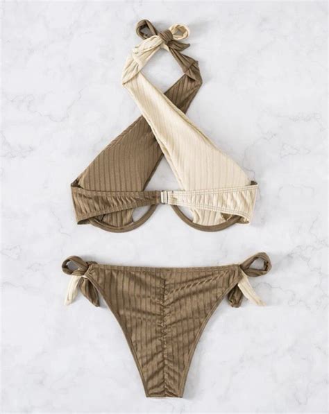 Two Tone Bikini Set Crisscross Cut Out Underwire Bra Top Tie Side Bikini Bottom Piece