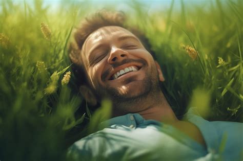 Un Hombre Acostado En Un Campo De Hierba Sonriente Foto Premium