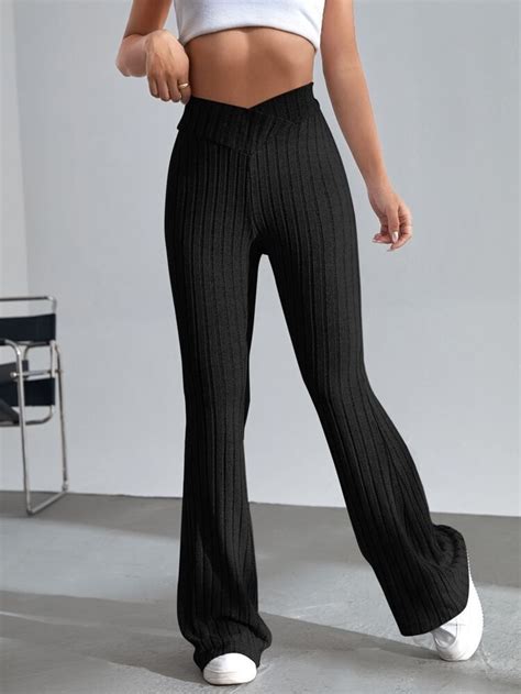 Shein Ezwear Solid Ribbed Knit Flare Leg Pants