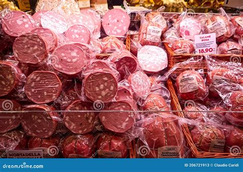 Shop Window Of Traditional Mortadella And Salami In The City Centre Of