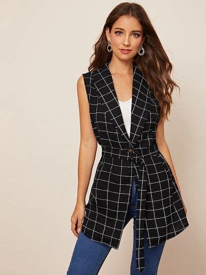 Plaid Shawl Collar Belted Vest Outerwear Plaid Shawl Woman Suit