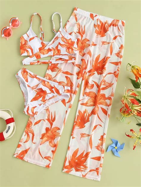 Conjunto De Bikini Con Estampado Floral Y Pantalones De Playa Para Ni A Preadolescente Verano