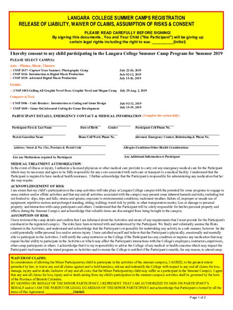 Fillable Online Release Of Liability Form Langara College Fax