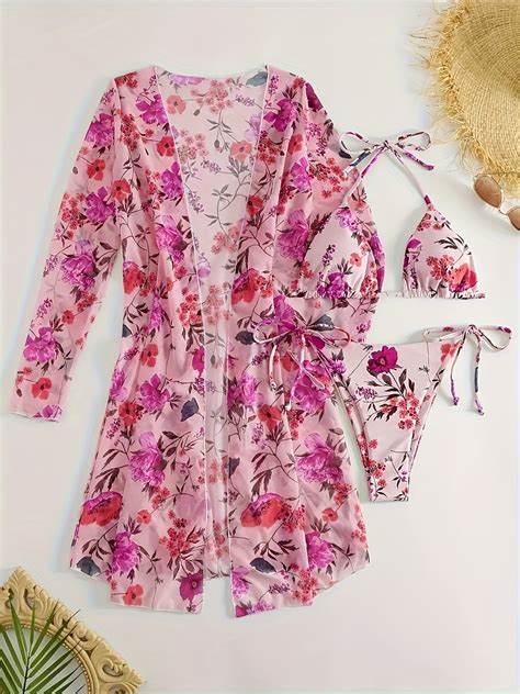 Piece Floral Bikini Set With Versatile Cover Up High Stretch Fabric Sexy Triangle Halter