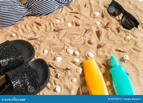 Summer Bikini And Accessories Stylish Beach Set Beach Bikini Summer Outfit And Sea Sand As