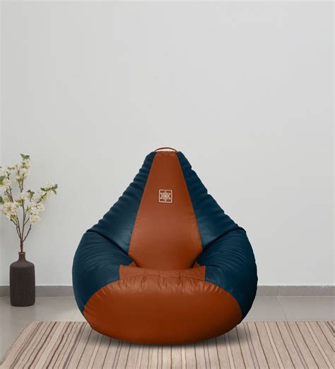 Buy Classic Xxl Leatherette Bean Bag With Beans In Blue Tan Colour At