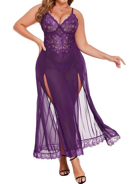 Avidlove Women Plus Size Lingerie Long Lace Nighty Sexy Mesh Nightdress Side Split Nightgown