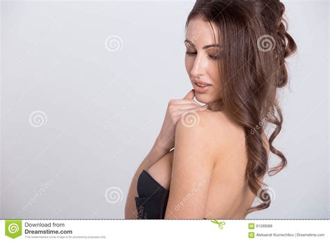 Portrait Of A Beautiful Brunette In Black Lingerie Stock Photo Image Of Happy Glamour 91289088