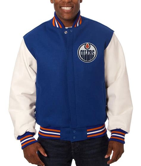 Woolleather Edmonton Oilers Varsity Royal Blue And White Jacket