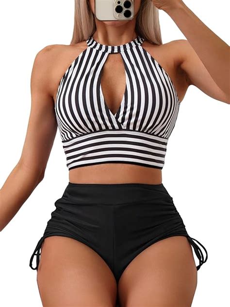 Amazon Soly Hux Women S Tankini Set Striped Cut Out Tops And Drawstring Side Shorts Bikini