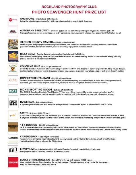 RPC SCAVENGER HUNT PRIZE LIST - Rockland Photography Club