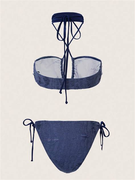 Conjunto De Bikini Con Cuello Halter Cruzado Sin Espalda Con Corbata De Nudo Y Tiras Laterales