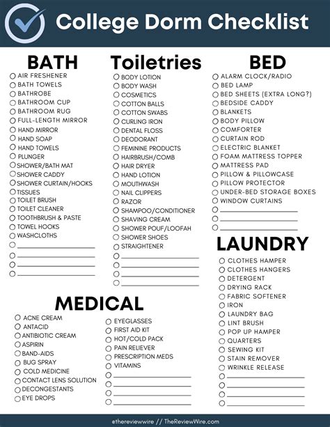 Printable Dorm Room Checklist For Girls