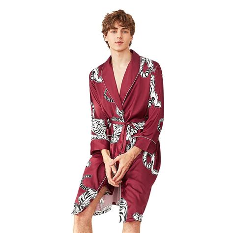 Summer Satin Kimono Bathrobe Men Robe Flower Print Nightwear Bath Gown