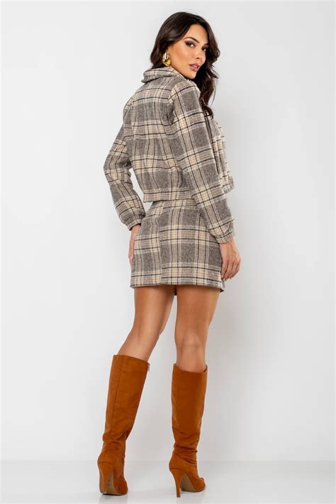 Jaqueta Feminina Tweed Xadrez Nude Amora Café