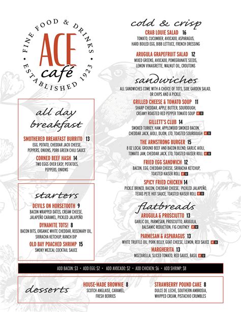 Ace Café Menu Weekend Brunch Daily Happy Hour Ace Gilletts