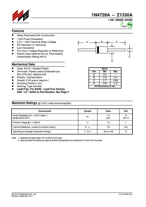 1N4756A WON TOP DIODE Hoja de datos Ficha técnica Distribuidor