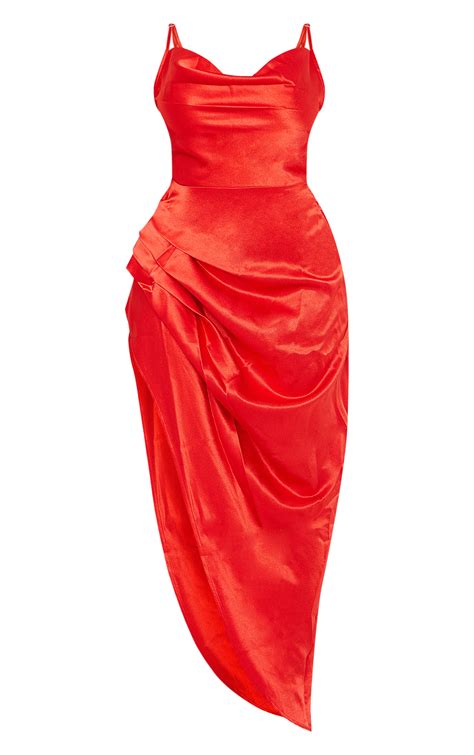 Shape Red Satin Cowl Side Split Ruched Maxi Dress Prettylittlething Aus