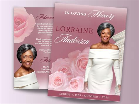 8 Page Pink Roses Funeral Memorial Program Template, 17" X 11" Funeral