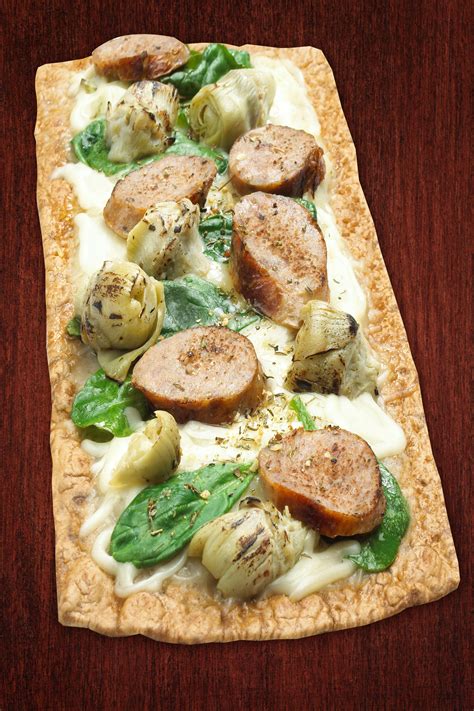 Thin Crust Artichoke Sausage Flatbread Pizza Flatoutbread