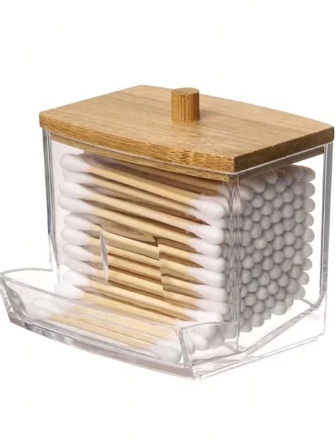 Pc Acrylic Qtip Holder With Bamboo Lid Clear Small Swab Dispenser