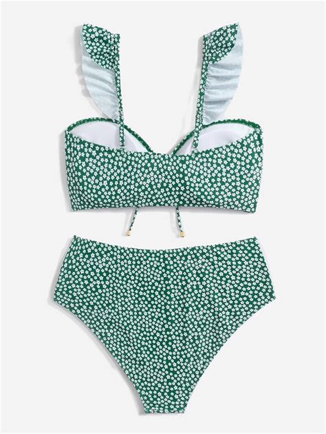 Shein Swim Mod Plus Ditsy Floral Print Bikini Set Ruffle Trim Tie Front