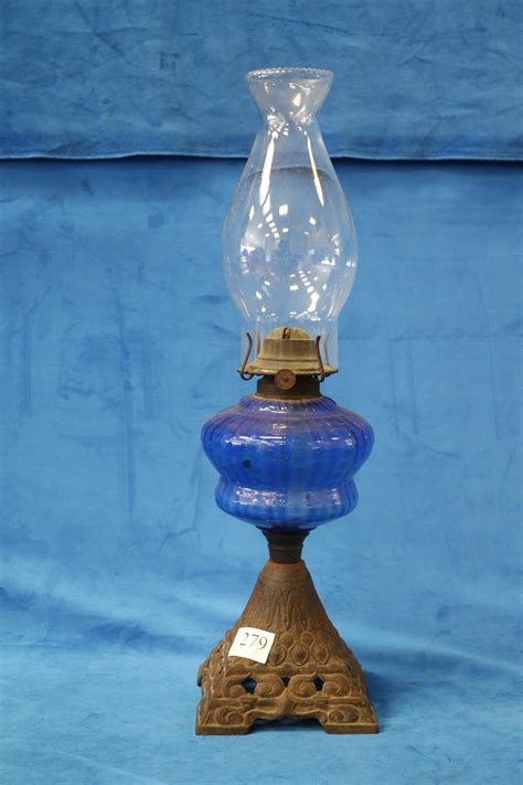 Lot Kerosene Oil Lamp Light Blue Glass With Cast Iron Base