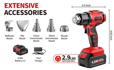 FULLYEA Cordless Heat Gun With 2 X 4 0Ah Batteries 5 Nozzles Hot Air Gun Kit Portable Max 1022