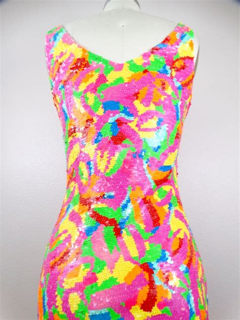 S M Neon Sequin Dress Hot Pink Orange Yellow And Green Etsy