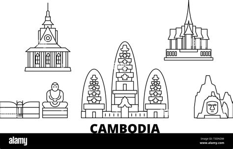 Cambodia Line Travel Skyline Set Cambodia Outline City Vector