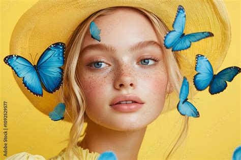 Portrait Of Sexy Woman With Blue Eyes And Curly Blonde Hair Surrounded By Bright Butterflies