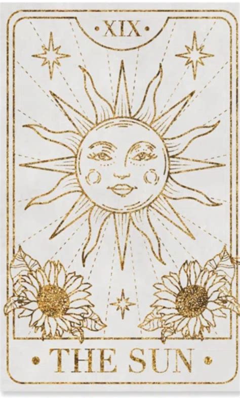 A Tarot Card Of The Sun With Clouds And Flowers Around It The Bottom Right Corner Says The