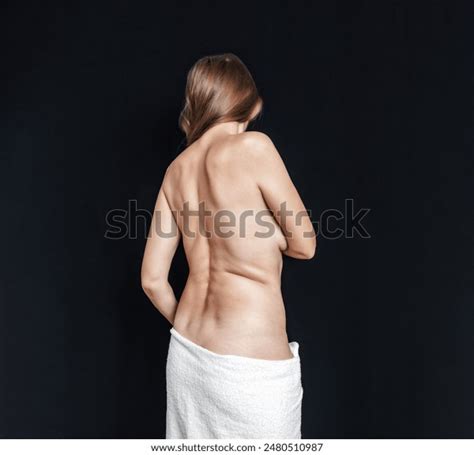 Naked Woman Wrapped White Towel Stands Stock Photo Shutterstock