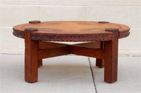 California Mission Era Leather And Nailhead Coffee And Side Table Set