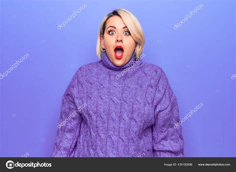 Beautiful Blonde Size Woman Wearing Casual Turtleneck Sweater Purple Background Stock Photo
