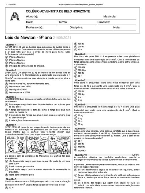 Exercícios Leis De Newton 9 Ano Com Gabarito - Leis de Newton - 9 Ano | PDF