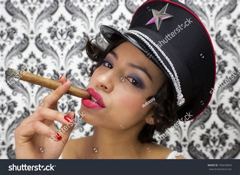 Sexy Woman Lingerie Smokes Cigar Against Foto Stok 195636833 Shutterstock
